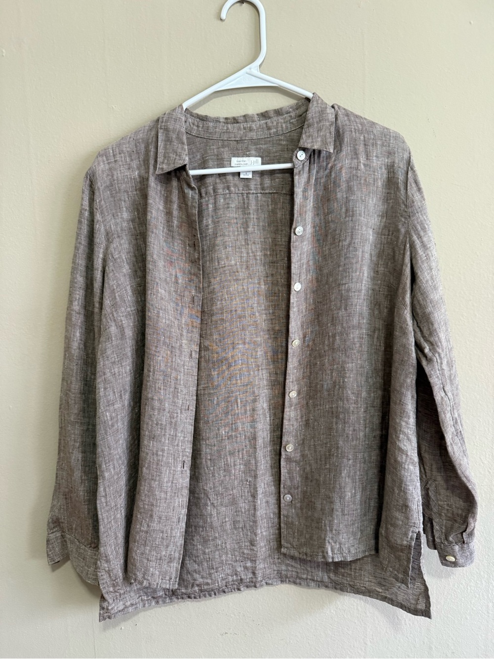 J. Jill 100% Linen Light Brown Button-Up Shirt. Matching Set to Wide Leg Pants